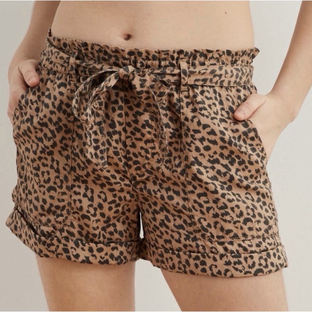 aerie Leopard Print High Waist Paperbag Shorts - Tan & Black